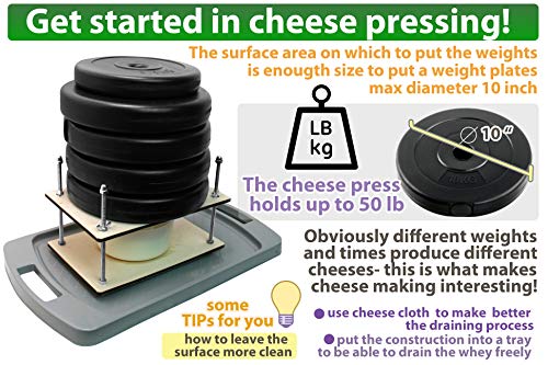 PetriStor Wooden Cheese Press for Cheese Making Supplies 12 in Metal Guides and Cheese Mold with Follower Piston 1.3Qt - Small Home Supply Cheese Press Machine - Prensa Para Queso Casero