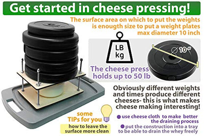 PetriStor Wooden Cheese Press for Cheese Making Supplies 12 in Metal Guides and Cheese Mold with Follower Piston 1.3Qt - Small Home Supply Cheese Press Machine - Prensa Para Queso Casero