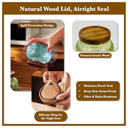 Amber Glass Storage Jar with Airtight Wooden Lid - 25.4 oz Decorative Kitchen Canister for Coffee, Cookie, Candy, Spices & Home Decor - size: 25.4 Ounces, style: Amber Flower