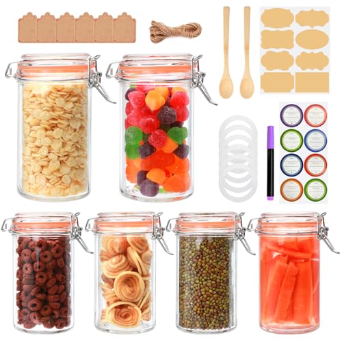 Flrolove 16 oz Glass Jars with Airtight Lid, Air Tight Glass Storage Jars | 6 Pack Glass Food Storage Containers, Leak Proof Rubber Gasket, Glass Canisters for Overnight Oats, Jelly, Coffee, Pickling - size: 16oz*6-cylinder