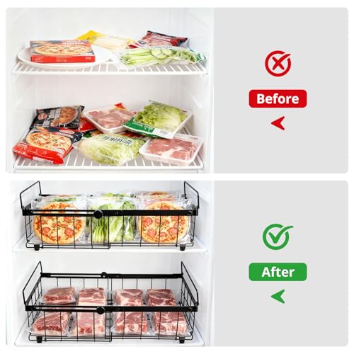 Tanice 2 Pack Freezer Organizer Bins, Expandable Stackable Chest Freezer Organizer with Foldable Handle, Thickened Metal Freezer Baskets for Deep Freezer, Kitchen Pantry - Black