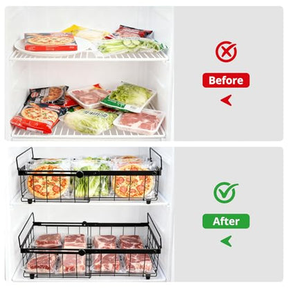 Tanice 2 Pack Freezer Organizer Bins, Expandable Stackable Chest Freezer Organizer with Foldable Handle, Thickened Metal Freezer Baskets for Deep Freezer, Kitchen Pantry - Black