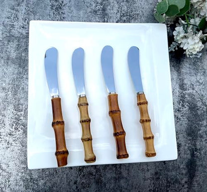 4 Pieces Set Butter knife, Pate Knife Cheese Spreader, Thick and Smooth blades, Strong Heavy for butter spreaders Home Restaurant Party breakfast (bamboo handle) - color: bamboo