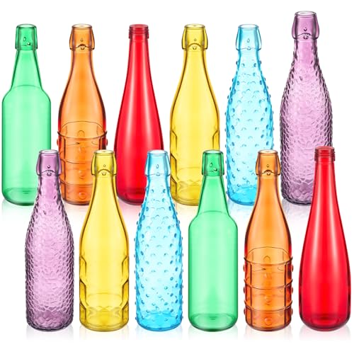 Zhehao 12 Pcs Colored Glass Bottles Colorful Empty Wine Bottles Decorative Glass Bottle for Bottle Tree Garden Yard Outdoor Home Decor(Light Rainbow Color,Pattern) - color: Light Rainbow Color, style: Pattern