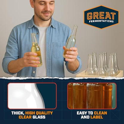 Clear Glass Beer Bottles - 11.2 oz (24 Pack) for Bottling Homebrew Beer, Kombucha, Soda, Cold Brew Coffee, Sparkling Water, and other Carbonated Beverages - Takes Standard 26mm Crown Cap