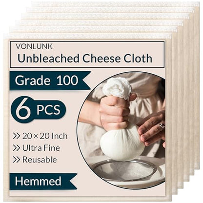 6-Pack Beige Cheesecloth, 20x20 Inch Hemmed Cheese Cloth for Straining, Reusable Unbleached Cotton Strainer for Cooking, Baking, Juicing, and Cheese Making (Grade 100) - size: 6 Pack