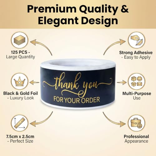 125Pcs Black Gold Foil Thank You for Your Order Labels, Online Shipping Envelopes Packaging Boxes, Party Favors - color: 125pcs- Black Gold Foil Thank You