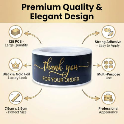 125Pcs Black Gold Foil Thank You for Your Order Labels, Online Shipping Envelopes Packaging Boxes, Party Favors - color: 125pcs- Black Gold Foil Thank You