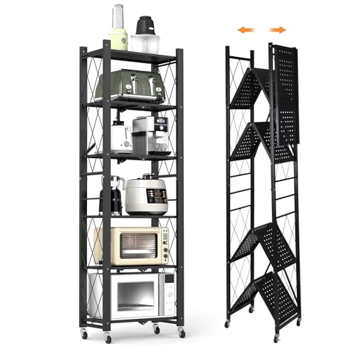 6-Tier Foldable Storage Shelves with Wheels, Folding Metal Shelf Unit, Folding Bookshelf no Assembly, Collapsible Shelves for Craft Shows for Kitchen, Bedroom, Living Room, Black - color: Black, size: 6 Tier