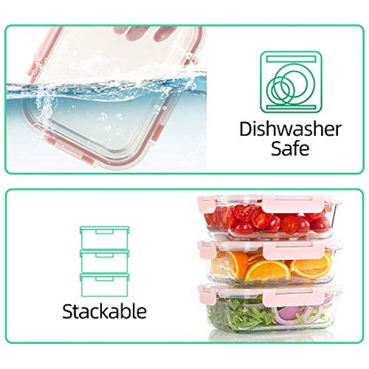 C CREST [10 Pack] Glass Meal Prep Containers, Food Storage Containers with Lids Airtight, Glass Lunch Boxes, Microwave, Oven, Freezer and Dishwasher Safe - color: Pink