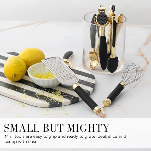Black and Gold Kitchen Utensils - Luxe 8-Piece Gold Kitchen Tools Set with Can Opener, Pizza Cutter, Peeler, Mini Whisk, and Tongs - Stylish Accessories for Modern Cooking and Ideal for Gifting - color: 8 PC Black & Gold