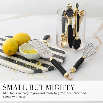 Black and Gold Kitchen Utensils - Luxe 8-Piece Gold Kitchen Tools Set with Can Opener, Pizza Cutter, Peeler, Mini Whisk, and Tongs - Stylish Accessories for Modern Cooking and Ideal for Gifting - color: 8 PC Black & Gold