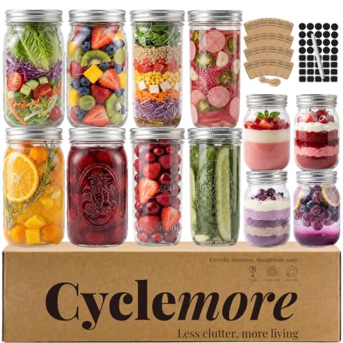 CycleMore Mason Jars Bundle, 12 Pack J Canning Jars With Bands and Lids, Ideal for Jam, Honey, Wedding/Shower Favors, DIY & Oats - 32 OZ x 4, 24 OZ x 4, 16 OZ x 4 (16oz - 24oz - 32oz) - size: Mixed Size Bundle
