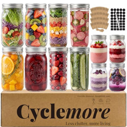 CycleMore Mason Jars Bundle, 12 Pack J Canning Jars With Bands and Lids, Ideal for Jam, Honey, Wedding/Shower Favors, DIY & Oats - 32 OZ x 4, 24 OZ x 4, 16 OZ x 4 (16oz - 24oz - 32oz) - size: Mixed Size Bundle