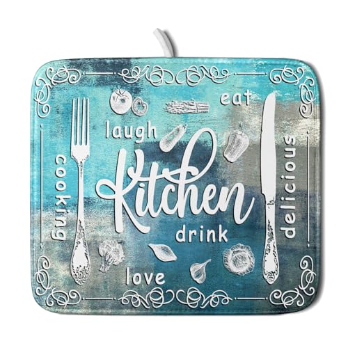 Blue Grey Dish Drying Mat 16x18 Inch Cooking Delicious Absorbent Drying Pad Heat Resistant Dish Drainer Mats for Kitchen Countertop - color: Blue Kitchen Cooking, size: 16" x 18"