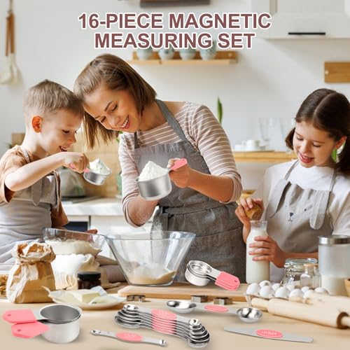 16-Piece Stainless Steel Measuring Cups and Spoons Set, Strong Magnetic Nesting Design 7 Cups 8 Spoons with Leveler, Double Measurement Markings for Dry & Liquid Ingredients, Pink - color: 16-Piece Pink