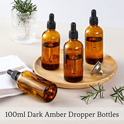 AOZITA 4 Pack, 100ml Dropper Bottles with 1 Funnel & 4 Labels - Essential Oils Bottles for Health, Personal Care & Beauty - 3.4oz Thick Dark Amber Glass Tincture Bottle with Eye Droppers, Leakproof - style: Blank Dropper