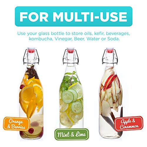Swing Top Glass Bottles [1 Liter / 33 fl. oz.] [Pack of 4] – Flip Top Coquito Bottles for Kombucha, Fermentation, Beer, Kefir, Wine – Airtight Stopper Lids with Extra Gaskets, Funnel, Labels & More - size: 2.3