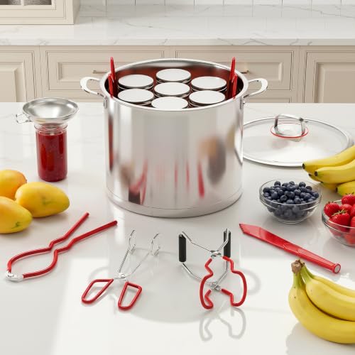 Pisol Canning Supplies Starter Kit, 7 Piece Canning Tools Set with Stainless Steel Rack, Wide Mouth Funnel, Kitchen Tongs, Jar Lifter, Magnetic Lid Lifter, jar Wrench, Bubble Popper - color: Red