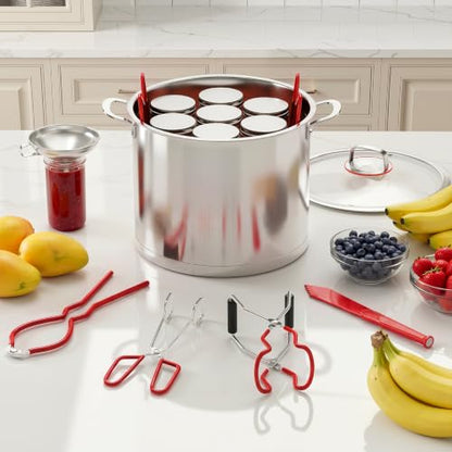 Pisol Canning Supplies Starter Kit, 7 Piece Canning Tools Set with Stainless Steel Rack, Wide Mouth Funnel, Kitchen Tongs, Jar Lifter, Magnetic Lid Lifter, jar Wrench, Bubble Popper - color: Red