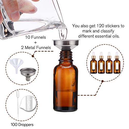 PrettyCare Glass Eye Dropper Bottles 99 Pack, 1oz (30ml) Amber Empty Thick Bottles Bulk with Leakproof Golden Caps - With Labels & Funnels for for Storage, Travel,Essential Oils, DIY Serums - color: 1oz Amber, style: 99 Pack