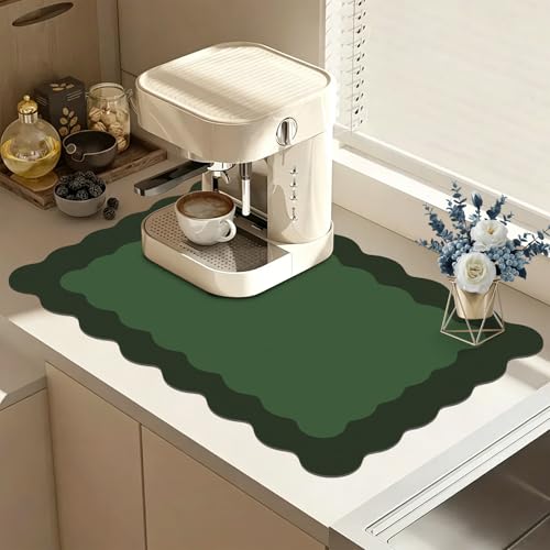 Scalloped Dish Drying Mats for Kitchen Counter, Cute Coffee Bar Mat for Countertop, Diatomite Absorbent, Kitchen Aesthetic Decor (17"x32", Green) - color: Green, size: 32" x 17"