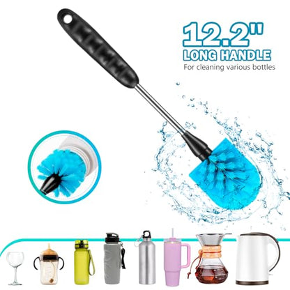 12.2 inch Bottle Brush Set of Three，Washable Coffee Cups, Water Bottles, Baby Bottles, Straws, to-go Cups, Long-Handled 3-in-1 Stainless Steel Bottle Brushes. (Black) - color: Black