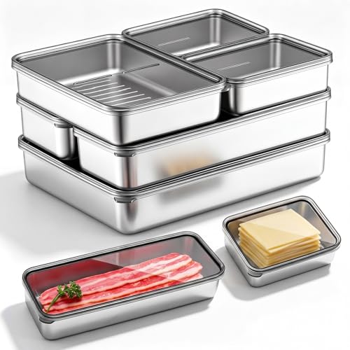 Hushee 6 Pack Bacon Cheese Container for Refrigerator, 304 Stainless Steel Airtight Deli Meat Container, Dishwasher Safe Fridge Storage Fruit Lunch Storage with Lids for Fridge, 4 Sizes