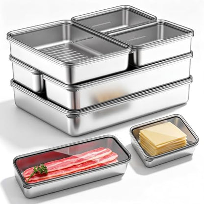 Hushee 6 Pack Bacon Cheese Container for Refrigerator, 304 Stainless Steel Airtight Deli Meat Container, Dishwasher Safe Fridge Storage Fruit Lunch Storage with Lids for Fridge, 4 Sizes