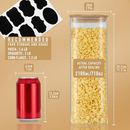 D2scrma 71oz Glass Square Storage Containers with Bamboo Lids Set of 3 (2100ml) Tall Food Storage Canisters Kitchen Jars for Pantry Organization Pasta, Penne, Macaroni, Lasagna, Fusilli - size: 71oz*3