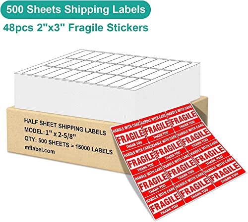 MFLABEL 1" x 2-5/8" Address Labels for Laser & Inkjet Printers 15,000 White Shipping Stickers(500Sheets,30/Sheet)+48 Free Fragile Stickers | Easy to Peel,Mailing Labels for Packages, Shipping - size: 1" x 2-5/8" (30-up), style: 500 Sheets