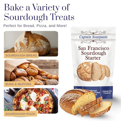 San Francisco Sourdough Starter Culture- 100+ Year Old Dehydrated Heirloom Style Sourdough Starter Kit for Sourdough Bread, Pizza, Buns, Pancakes, Muffins | Easy to follow instructions. By Captain Sourpants
