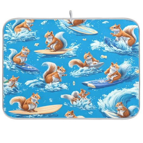 Dish Drying Mat for Kitchen Counter Dish Mat Dish Drainer Mats Kitchen Drying Mat Pad Microfiber Absorbent Reversible 18x24 Inch Blue Squirrel Surfing - color: Blue Squirrel Surfing, size: 24" x 18"