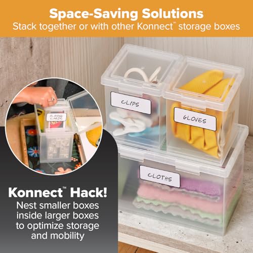 Bostitch Konnect Storage Containers with Lids, Clear Plastic Box, Stackable for Crafts, Home, and Office Organization, Labels, 3-Piece (1 4 Qt Box, 2 1.5 Qt boxes)