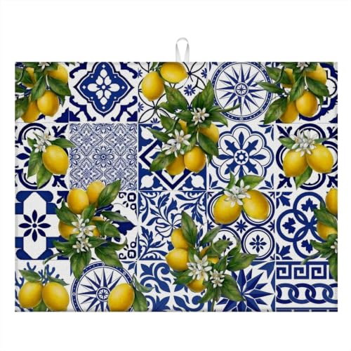 Absorbent Kitchen Dish Drying Mat Quick Dry Heat Resistant Hide Stain for Glasses Coffee Espresso Machines Pots Pans and Dish Racks,18" x 24" Blue White Lemon Tile Bohemia Pattern - color: Blue White Lemon Tile Bohemia