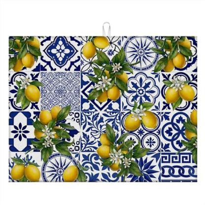 Absorbent Kitchen Dish Drying Mat Quick Dry Heat Resistant Hide Stain for Glasses Coffee Espresso Machines Pots Pans and Dish Racks,18" x 24" Blue White Lemon Tile Bohemia Pattern - color: Blue White Lemon Tile Bohemia
