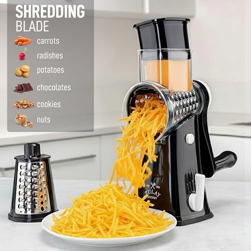 Zulay Kitchen Rotary Cheese Grater 5 Blade Cheese Shredder - Manual Hand Crank Cheese Grater With Reinforced Suction & 5 Interchangeable Drums - Easy to Use, Vegetable Chopper Round Mandoline Slicer - color: Black