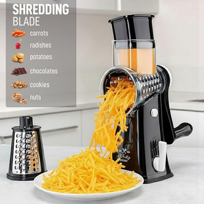Zulay Kitchen Rotary Cheese Grater 5 Blade Cheese Shredder - Manual Hand Crank Cheese Grater With Reinforced Suction & 5 Interchangeable Drums - Easy to Use, Vegetable Chopper Round Mandoline Slicer - color: Black