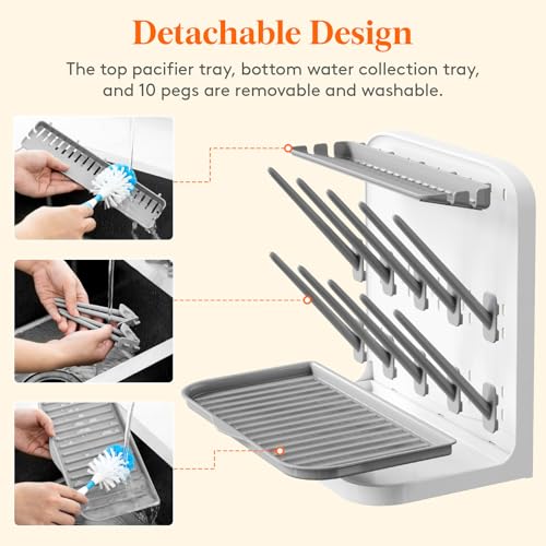 Lifewit Baby Bottle Drying Rack with 10 Hooks, Newborn Essentials Must Haves, Bottle Storage Organizer for Countertop, Cabinet, Rack Dryer Holder for Pacifiers, Pump Parts, Baby Stuff - size: Medium-10 Hooks, style: without Drain Mat