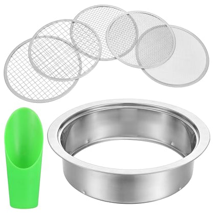 Soil Sieve Set with 5 Stainless Steel Mesh Sifter Screens (1/3/6/9/12mm) & Plastic Scoop - 7.7" Diameter Garden Soil Sifter for Compost, Sand, Rocks