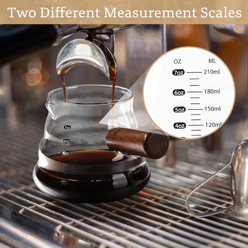 Joeyan 7 oz Glass Measuring Cup, Espresso Shot Glasses with Spout and Wooden Handle, Clear Milk Frothing Pitcher, Wave Shaped Borosilicate Espresso Bar Accessories for Coffee - color: Clear wavy espresso cup