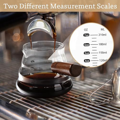 Joeyan 7 oz Glass Measuring Cup, Espresso Shot Glasses with Spout and Wooden Handle, Clear Milk Frothing Pitcher, Wave Shaped Borosilicate Espresso Bar Accessories for Coffee - color: Clear wavy espresso cup