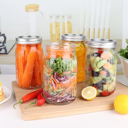 32 oz Wide Mouth Mason Jars with Lids and Bands, 6 Pack Quart Canning Jars, Embossed Glass Mason Jars for Centerpieces, Preserving, Pickling, Meal Prep, Jam, DIY Crafts