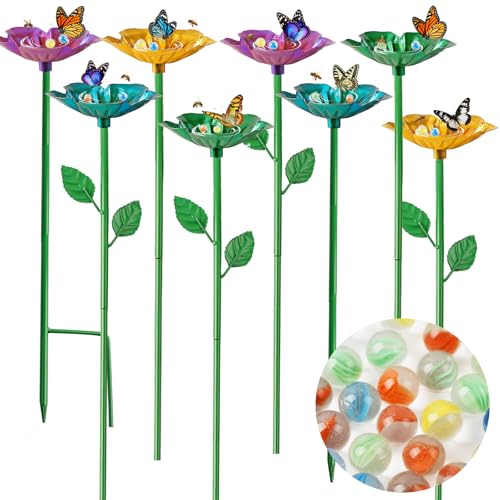 8 Pack Bee Watering Station, Metal Bee Bath & Cups with Landing Marbles, Colorful Butterfly Feeder & Pollinator Hydration Station, Outdoor Garden Yard Decor (Blue, Green, Purple, Yellow)