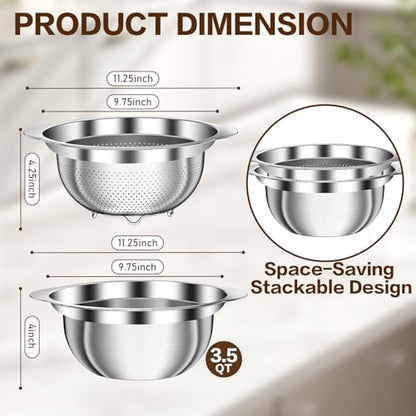 3.5QT Colander with Bowl, Rice Strainer, Stainless Steel Mixing Bowls with Strainer, Pasta Strainer, Colander for Kitchen for Rice Pasta Fruits Vegetables, Rice Cleaner Strainer, Dishwasher Safe - size: 3.5+3.5QT Bowl