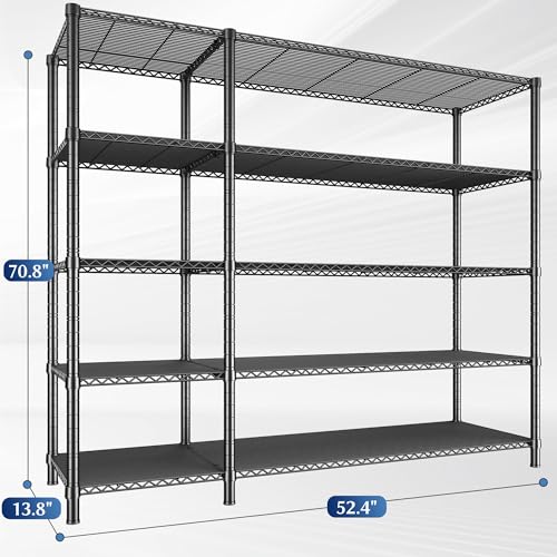 Romorgniz 70.8" H Storage Shelves, 5-Tier Metal Shelving 1200 High-Load Heavy Duty Wire Shelving, Adjustable Metal Shelves-L Shaped Wire Shelving Units for Kitchen Garage Pantry, 52.36" W x13.78 D - size: 13.78"D x 52.36"W x 70.8"H