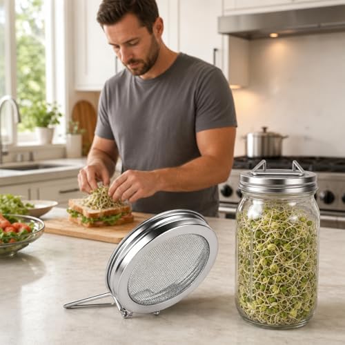 2PCS Sprouting Lids for Wide Mouth Mason Jars,Sprouting Jar Kit | Stainless Steel Strainer Tops with Built-In Stand for Seed Germination