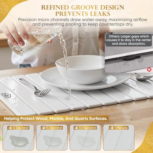 Upgraded Micro Groove Stone Dish Drying Mat for Kitchen Counter, White 24"(L)x16"(W) Large Kitchen Drying Mat, Diatomaceous Earth Stone Mat, Collapsible Dish Drying Mat