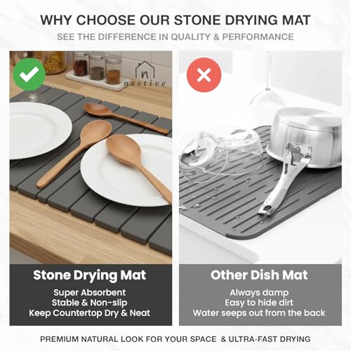 Large Stone Drying Mat for Kitchen Counter | 24"x16" | Fast Drying Collapsible Diatomaceous-Earth Mat | Super Absorbent Folding Mat for Dishes, Bottles, Glass, Heat-Resistant, Non-Slip (Dark Gray) - color: Dark Gray