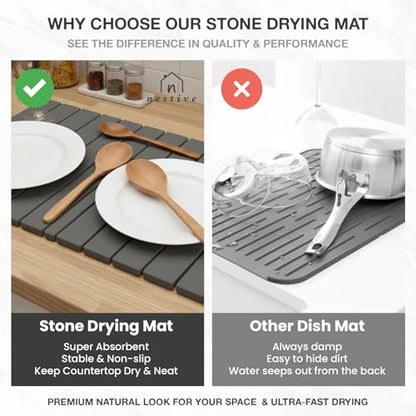 Large Stone Drying Mat for Kitchen Counter | 24"x16" | Fast Drying Collapsible Diatomaceous-Earth Mat | Super Absorbent Folding Mat for Dishes, Bottles, Glass, Heat-Resistant, Non-Slip (Dark Gray) - color: Dark Gray